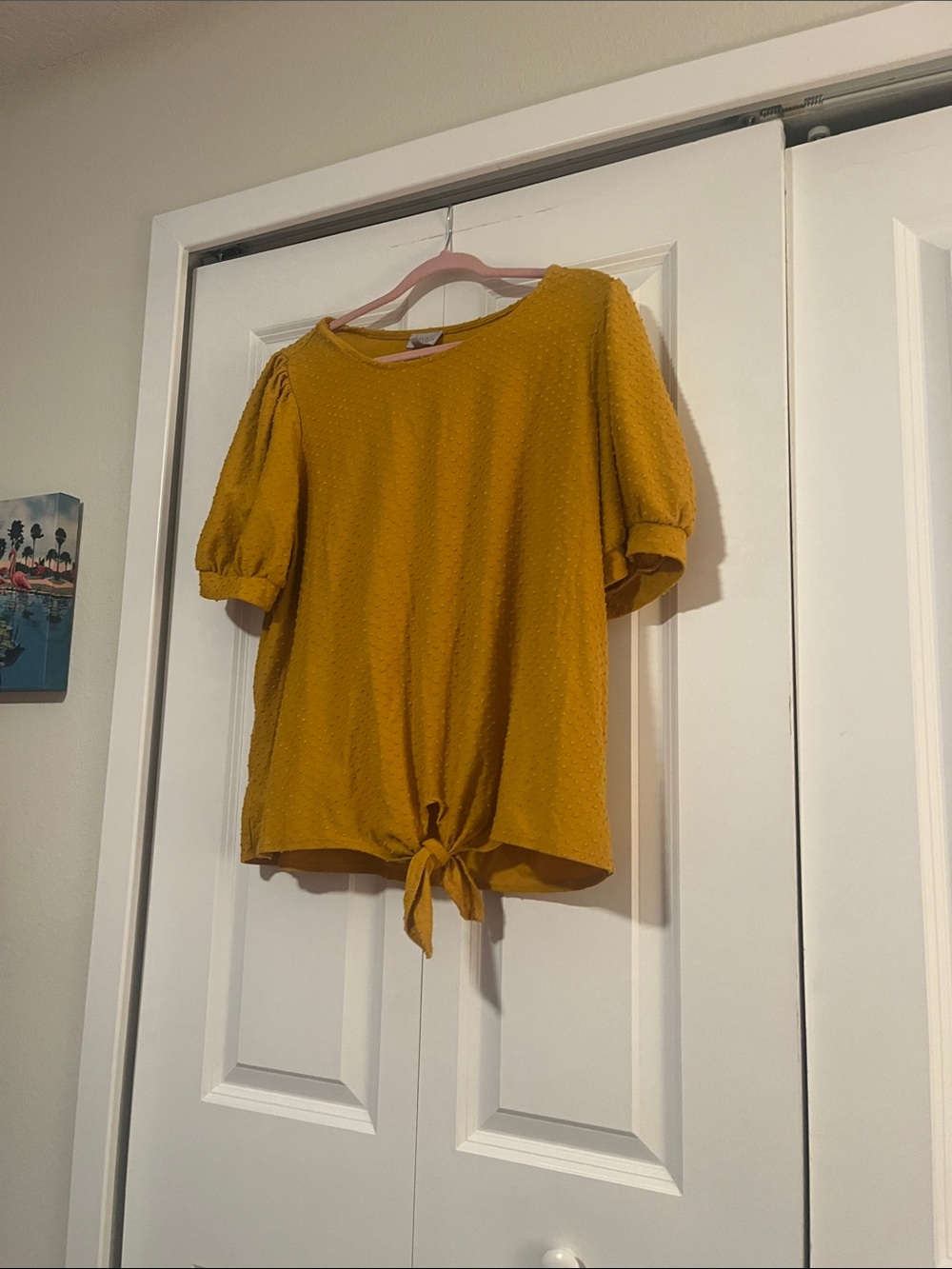 Tie-Front Puff Sleeve Tunic Top - Mustard